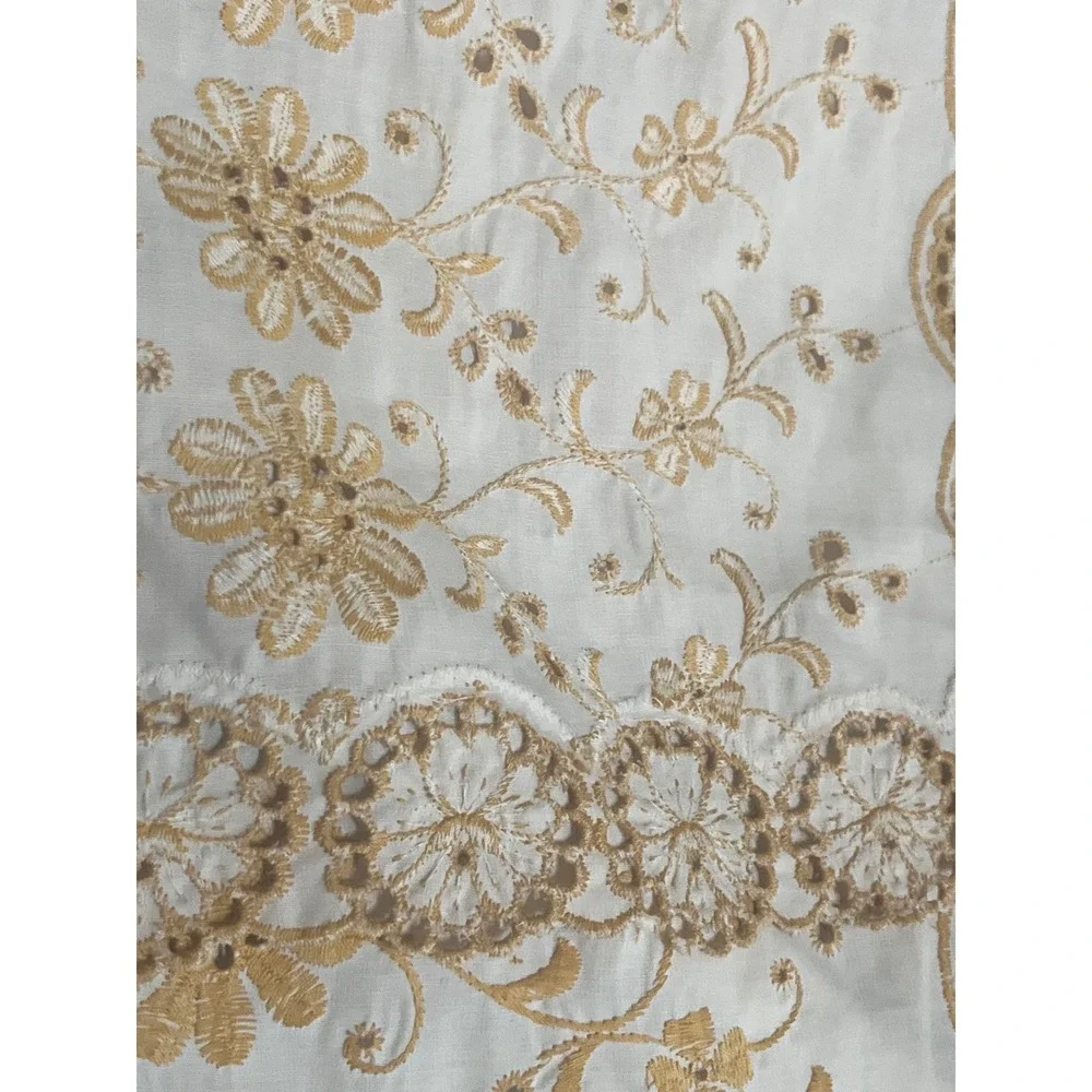 Vtg Embroidered Dresser Scarf Table Runner Ecru Eyelet  16x28 gold Yellow Floral